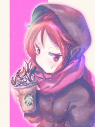 Rule 34 | 1girl, black coat, blush, brand name imitation, chocolate syrup, coat, commentary request, drink, drinking straw, grin, highres, holding, holding drink, hood, hooded jacket, jacket, kemurikusa, looking at viewer, pink eyes, pink scarf, red hair, riku (kemurikusa), ritsu (kemurikusa), scarf, smile, solo, starbucks, upper body, usapenpen2019, v-shaped eyebrows, whipped cream