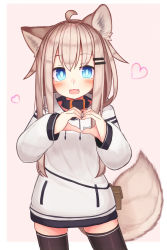 Rule 34 | 1girl, :d, animal collar, animal ear fluff, animal ears, black thighhighs, blue eyes, collar, dog ears, dog tail, fang, heart, heart hands, highres, hood, hood down, hoodie, light brown hair, long hair, long sleeves, no pants, open mouth, original, pouch, reitou mikan, smile, solo, tail, thighhighs