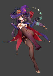 Rule 34 | 1girl, absurdres, black gloves, black pantyhose, braid, breasts, breasts apart, cape, chunbai renxing, ears visible through hair, full body, genshin impact, gloves, gold trim, green eyes, grey background, hands up, hat, highres, leg up, long hair, looking at viewer, medium breasts, mona (genshin impact), no shoes, pantyhose, purple hair, simple background, solo, twin braids, witch hat