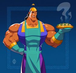 Rule 34 | apron, artist name, bara, blue background, clothing request, collarbone, commentary, dark-skinned male, dark skin, english commentary, food, gloves, gradient background, green apron, green gloves, hand on own hip, holding, holding plate, kronk, looking at viewer, male focus, mittens, muscular, muscular male, open mouth, plate, shiny skin, smile, solo, teeth, the emperor&#039;s new groove, upper teeth only, xelgot