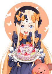 Rule 34 | 1girl, abigail williams (fate), absurdres, black bow, black dress, black hat, blonde hair, blue eyes, blush, bow, breasts, bug, butterfly, cake, dress, fate/grand order, fate (series), food, forehead, hair bow, hat, highres, insect, keyhole, liuleiwowotou, long hair, long sleeves, looking at viewer, multiple hair bows, open mouth, orange bow, parted bangs, polka dot, polka dot bow, ribbed dress, sleeves past fingers, sleeves past wrists, small breasts, smile, stuffed animal, stuffed toy, teddy bear