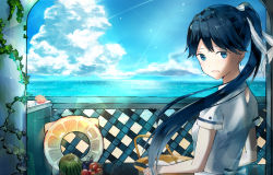 Rule 34 | 1girl, alternate costume, ameharu1995, bad id, bad pixiv id, black hair, blue eyes, blue sky, bowl, cloud, day, dress, flower, food, from behind, fruit, hair ribbon, houshou (kancolle), kantai collection, lens flare, looking back, ocean, open mouth, plant, ponytail, ribbon, shore, sky, smile, solo, sunlight, upper body, vines, watermelon, white dress