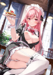 Rule 34 | 1girl, ass, black dress, blush, breasts, breasts out, cafe, cake, cake slice, dress, food, frills, garter belt, hair ornament, hair over breasts, hair over one breast, hair ribbon, holding, holding plate, indoors, long hair, looking at viewer, maid, maid headdress, medium breasts, miyase mahiro, nipples, on table, open clothes, original, panties, pink eyes, pink hair, plate, ribbon, smile, solo, table, thighhighs, underwear, white panties, white thighhighs, wrist cuffs
