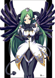 Rule 34 | 1girl, black pantyhose, blue eyes, blue wings, breasts squeezed together, breasts, crown, demon tail, dress, facial mark, forehead mark, gloves, green hair, horns, kuronezumi, long hair, original, pantyhose, pointy ears, solo, tail, wings