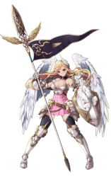 Rule 34 | &gt;:), 1girl, armor, armored boots, armored dress, bare shoulders, black thighhighs, blonde hair, blush, boots, breasts, cleavage, closed mouth, dress, feathered wings, full body, gauntlets, head wings, highres, holding, holding polearm, holding spear, holding weapon, horns, knee boots, koflif, large breasts, original, pink dress, pleated dress, polearm, shadow seven, shield, single horn, sleeveless, sleeveless dress, smile, solo, spear, standing, thighhighs, thighhighs under boots, v-shaped eyebrows, weapon, white footwear, white wings, wings