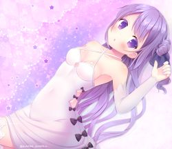 Rule 34 | 1girl, arm up, artist name, azur lane, bad id, bad pixiv id, bare shoulders, blush, bow, breasts, checkered background, cleavage, collarbone, detached sleeves, dress, hair bun, hair ribbon, highres, long hair, looking at viewer, nail polish, open mouth, parted lips, purple background, purple eyes, purple hair, purple nails, purple ribbon, pyonko (pyonko pyonko), ribbon, see-through, single hair bun, solo, star (symbol), thighhighs, unicorn (azur lane), white dress, white thighhighs