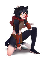Rule 34 | 1girl, absurdres, animal ears, arm guards, bare legs, bare shoulders, barefoot, black fur, black hair, black nails, blood, blood on clothes, blood on face, blood on hands, bloody weapon, body fur, brown skirt, cat ears, cat girl, cat tail, chest guard, dungeon meshi, erhei233erhei, fighting stance, floating scarf, full body, groin, hand up, highres, holding, holding weapon, izutsumi, kunai, licking, licking hand, looking at viewer, midriff, miniskirt, nail polish, navel, on one knee, red scarf, sarong, scarf, short hair, sideways glance, simple background, skirt, sleeveless, slit pupils, solo, tail, toenail polish, toenails, tongue, tongue out, weapon, white background, yellow eyes