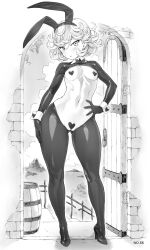 Rule 34 | 1girl, animal ears, barrel, breasts, cleavage, cleft of venus, curly hair, door, fake animal ears, full body, gluteal fold, greyscale, groin, hand on own hip, heart, heart pasties, heels, high heels, highres, looking at viewer, meme attire, mogudan, monochrome, navel, no bra, no panties, one-punch man, pantyhose, parted lips, pasties, pussy, pussy peek, rabbit ears, reverse bunnysuit, reverse outfit, short hair, shrug (clothing), small breasts, standing, stomach, tatsumaki, thick thighs, thighs, wide hips, wrist cuffs