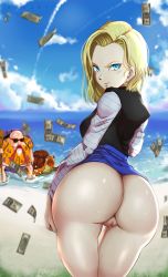 Rule 34 | 1girl, absurdres, android 18, ass, ass focus, banknote, beach, bottomless, dragon ball, highres, looking at viewer, money, no pants, pussy, smile, thighs, uncensored