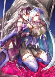 Rule 34 | 2girls, ahoge, armor, armored boots, armored dress, bare shoulders, black dress, blue hair, boots, grabbing another&#039;s breast, breasts, brynhildr (fate), chain, commentary, dress, fate/grand order, fate (series), flag, fur trim, gauntlets, grabbing, hair ornament, hair over one eye, hand on another&#039;s face, headpiece, highres, jeanne d&#039;arc (fate), jeanne d&#039;arc alter (avenger) (fate), jeanne d&#039;arc alter (fate), kneeling, large breasts, long hair, multiple girls, otsunabe (naabe delta), partially submerged, polearm, purple eyes, seiza, silver hair, sitting, smile, spear, thighhighs, very long hair, weapon, yellow eyes, yuri