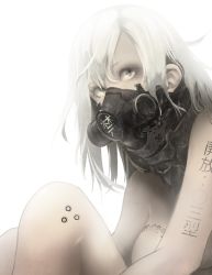 Rule 34 | 1girl, akai kitsune, android, bad id, bad pixiv id, gas mask, grey eyes, knees up, legs together, long hair, looking to the side, mask, simple background, solo, tattoo, white hair