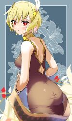Rule 34 | 1girl, absurdres, ass, backless dress, backless outfit, bare shoulders, blonde hair, citrinne (fire emblem), dress, earrings, feather hair ornament, feathers, fire emblem, fire emblem engage, gold trim, hair ornament, highres, jewelry, long dress, looking at viewer, mu tu bu, necklace, nintendo, red eyes, short hair