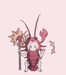 Rule 34 | +++, 1girl, axe, bare arms, bare legs, clenched hand, edelgard von hresvelg, fire emblem, fire emblem: three houses, fire emblem heroes, highres, holding, holding axe, jitome, lalelulotte, lobster, lobster costume, nintendo, purple eyes, simple background, solo, white hair