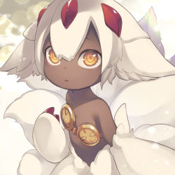 Rule 34 | 1girl, absurdres, animal ears, animal hands, bare shoulders, claws, dark-skinned female, dark skin, faputa, flat chest, hair between eyes, hand up, highres, made in abyss, monster girl, nyasunyadoora, parted lips, short hair, solo, upper body, white fur, white hair, yellow eyes