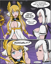 Rule 34 | 2girls, admiral paru, azur lane, blonde hair, blue eyes, blush, breasts, cleavage, comic, commentary, emphasis lines, english commentary, english text, grin, hairband, large breasts, laurel crown, long hair, multiple girls, pun, red eyes, short hair, sirius (azur lane), smile, speech bubble, star (sky), sweatdrop, teeth, twitter username, victorious (azur lane), white hair