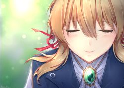 Rule 34 | 10s, absurdres, blonde hair, blue jacket, closed eyes, closed mouth, hair ribbon, highres, jacket, jewelry, necklace, portrait, reechio, ribbon, solo, violet evergarden, violet evergarden (series)