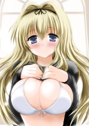 Rule 34 | aquaplus, blonde hair, blue eyes, blush, bra, breasts, cleavage, closed mouth, clothes lift, hair between eyes, hair ribbon, hand on own chest, kai tsuki, kusugawa sasara, large breasts, long hair, long sleeves, looking at viewer, midriff, open mouth, raised eyebrows, ribbon, sidelocks, to heart, to heart (series), to heart 2, underwear, upper body, wavy hair, white bra