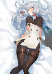 Rule 34 | 10s, 1girl, bed sheet, black pantyhose, blunt bangs, bodysuit, breasts, covered erect nipples, dress, embarrassed, from above, gloves, gluteal fold, hair ribbon, headgear, kantai collection, long hair, looking to the side, murakumo (kancolle), nipples, pantyhose, remodel (kantai collection), ribbon, sailor dress, see-through, serious, short eyebrows, sidelocks, small breasts, solo focus, thighband pantyhose, tress ribbon, white gloves, white hair, yellow eyes, zuizi