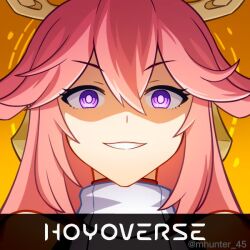 Rule 34 | 1girl, :d, animal ears, artist name, company connection, company name, earrings, evil grin, evil smile, fox ears, genshin impact, grin, honkai (series), honkai impact 3rd, jewelry, long hair, looking at viewer, mhunter 45, mihoyo, nontraditional miko, open mouth, pink hair, purple eyes, shaded face, smile, solo, teeth, watermark, yae miko, yellow background