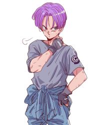 Rule 34 | 1boy, puff of air, blue eyes, capsule corp, cowboy shot, dirty, dirty face, dragon ball, dragonball z, expressionless, fingerless gloves, gloves, grey shirt, hand on own hip, hand on neck, highres, looking away, male focus, miiko (drops7), purple hair, shirt, short hair, simple background, solo, trunks (dragon ball), trunks (future) (dragon ball), upper body, white background