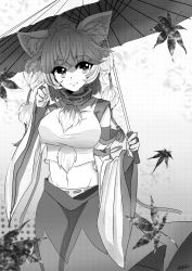 Rule 34 | 1girl, absurdres, animal ears, breasts, bridal gauntlets, cowboy shot, detached sleeves, fang, fang out, fingerless gloves, gloves, greyscale, hat, highres, inubashiri momiji, large breasts, leaf, maple leaf, midriff, monochrome, navel, oil-paper umbrella, pom pom (clothes), sanzuri, short hair, signature, skirt, smile, solo, tokin hat, touhou, umbrella, wide sleeves, wolf ears