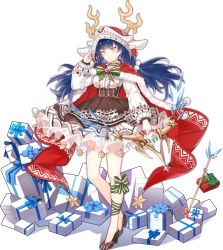 Rule 34 | 1girl, animal ears, antlers, ark order, arrow (projectile), blue hair, bow, bow (weapon), bowtie, braid, breasts, brown footwear, brown skirt, cape, capelet, deer ears, dongmyeong of goguryeo, frilled skirt, frills, fur-trimmed cape, fur trim, gift, hair ornament, high-waist skirt, holding, holding bow (weapon), holding weapon, hood, hooded cape, horns, large breasts, leg ribbon, long hair, long sleeves, looking at viewer, low twin braids, lpip, official art, pom pom (clothes), pom pom hair ornament, puffy long sleeves, puffy sleeves, red cape, reindeer antlers, ribbon, shirt, shoes, skirt, sleeve cuffs, solo, striped clothes, striped footwear, tachi-e, transparent background, twin braids, very long hair, weapon, white shirt, yellow eyes