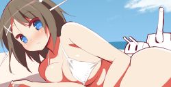 Rule 34 | 10s, 1girl, 9law, beach, bikini, bikini top only, blue eyes, blush, breast press, breasts, brown hair, day, from side, hair ornament, hairclip, headgear, kantai collection, large breasts, looking at viewer, lying, maya (kancolle), on side, sand, short hair, sky, solo, swimsuit, turret, white bikini