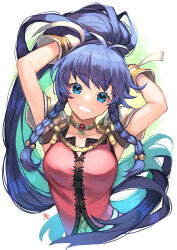 Rule 34 | arms up, blue eyes, blue hair, braid, cross-laced clothes, cross-laced top, fire emblem, fire emblem: the sacred stones, grin, highres, jewelry, long hair, looking at viewer, nakabayashi zun, neck ring, nintendo, pink shirt, ponytail, shirt, side braids, sleeveless, smile, tana (fire emblem), tying hair, upper body, very long hair