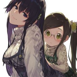 Rule 34 | 2girls, absurdres, age difference, black hair, blush, breasts, brown hair, closed mouth, expressionless, glasses, green eyes, green hair, highres, kugui machi, large breasts, long hair, looking at viewer, multicolored hair, multiple girls, official art, overalls, ponytail, purple eyes, purple hair, ryuuou no oshigoto!, sadatou ayano, shirabi, smile, sweater, turtleneck, turtleneck sweater, two-tone hair, white sweater