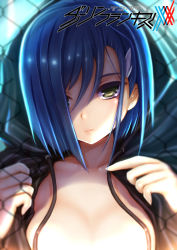 Rule 34 | 10s, 1girl, blue hair, breasts, closed mouth, collarbone, darling in the franxx, expressionless, green eyes, hair ornament, hair over one eye, hairclip, highres, hood, hood up, ichigo (darling in the franxx), looking at viewer, medium breasts, shading eyes, short hair, solo, tears, teruru, upper body