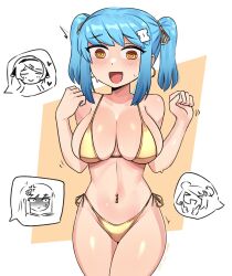 Rule 34 | 1girl, @ @, absurdres, bikini, blue hair, blush, breasts, brown eyes, cleavage, cowboy shot, earrings, embarrassed, gold bikini, gradient hair, hair ornament, hairclip, hands up, highleg, highleg bikini, highres, hoop earrings, ii (peps art), jewelry, large breasts, looking at breasts, looking down, multicolored hair, navel, navel piercing, nervous smile, open mouth, original, peps art, piercing, shiny clothes, shiny swimsuit, short twintails, side-tie bikini bottom, sidelocks, simple background, smile, solo focus, speech bubble, stomach, straight-on, string bikini, sweat, swept bangs, swimsuit, twintails, vi (peps art)