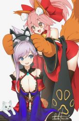 Rule 34 | 2girls, animal, animal ear fluff, animal ears, animal hands, asymmetrical hair, bare shoulders, bell, black legwear, blue eyes, blue kimono, blush, blush stickers, breasts, cat, cat paws, collar, collarbone, detached sleeves, earrings, fang, fate/grand order, fate (series), fox ears, fox girl, fox tail, gloves, hair ornament, hair ribbon, harada isuka, highres, japanese clothes, jewelry, jingle bell, kimono, large breasts, leaf print, long hair, maple leaf print, miyamoto musashi (fate), miyamoto musashi (third ascension) (fate), multiple girls, neck bell, obi, paw gloves, paw shoes, pink hair, ponytail, red kimono, red ribbon, ribbon, sash, shoes, simple background, sitting, skin fang, sleeveless, sleeveless kimono, tail, tamamo (fate), tamamo cat (fate), tamamo cat (first ascension) (fate), thighhighs, white background, wide sleeves, yellow eyes