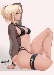 Rule 34 | 1girl, alter servant, arm support, artist name, bikini, black bikini, black scrunchie, blonde hair, breasts, command spell, dark persona, fate/apocrypha, fate/grand order, fate (series), hand in own hair, highres, looking at viewer, medium breasts, mordred (fate), navel, scrunchie, sideboob, smirk, solo, strap gap, sweat, swimsuit, thigh strap, thighs, white background, yellow eyes, zealyush