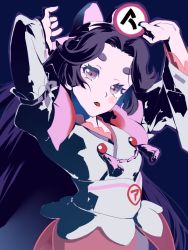 Rule 34 | 1girl, arms up, azuma sara, black hair, bow, dress, hair bow, highres, lipstick, long hair, looking at viewer, makeup, open mouth, parted bangs, pink bow, ribbon-trimmed sleeves, ribbon trim, sarazanmai, simple background, solo, standing, tassel, tenpikaroi, thick eyebrows