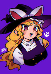 Rule 34 | 1girl, black vest, blonde hair, blush, breasts, buttons, chromatic aberration, commentary request, cropped torso, dress, fangs, frilled hat, frills, hat, highres, kirisame marisa, leaf st, long hair, medium breasts, open mouth, paw print, purple background, purple eyes, shirt, signature, simple background, sleeveless, sleeveless dress, solo, tongue, touhou, turtleneck, two-tone bow, unfinished dream of all living ghost, upper body, v-shaped eyebrows, vest, white shirt, witch, witch hat