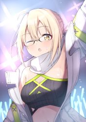 Rule 34 | 1girl, ahoge, arm up, armpit peek, artoria pendragon (fate), asashin (asn), blonde hair, braid, braided bun, breasts, cleavage, coat, fate/grand order, fate (series), french braid, glasses, glowstick, hair between eyes, hair bun, highres, idol, looking at viewer, medium breasts, midriff, mysterious heroine x alter (fate), navel, one eye closed, open clothes, open coat, open mouth, short hair, single hair bun, solo, stage, sweat, upper body, white coat, yellow eyes