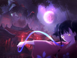 Rule 34 | 10s, 1girl, black hair, building, fantasy, floral print, fortress, hair ribbon, japanese clothes, kimono, koutetsujou no kabaneri, lights, long sleeves, looking at viewer, moon, mumei (kabaneri), night, ribbon, scenery, solo, third-party edit, tree, treehouse, treehousecharms, twintails