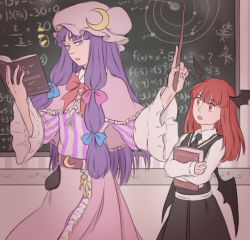 Rule 34 | 2girls, ^^^, bat wings, belt, book, hugging book, capelet, chalkboard, crescent moon, diagram, equation, flandre scarlet, hair ornament, hair ribbon, hat, height difference, holding, holding book, jitome, key, charm (object), koakuma, long hair, long sleeves, math, mefomefo, mob cap, moon, multiple girls, neck ribbon, necktie, hugging object, patchouli knowledge, purple eyes, purple hair, red eyes, red hair, remilia scarlet, ribbon, school, stick, stick figure, teaching, touhou, vest, wings