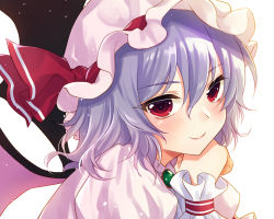 Rule 34 | 1girl, blue hair, blush, closed mouth, hat, kirisita, lips, looking at viewer, mob cap, puffy sleeves, red eyes, remilia scarlet, smile, solo, touhou, upper body, wings