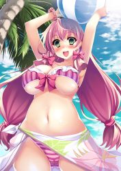Rule 34 | 10s, 1girl, akashi (kancolle), alternate costume, ball, beachball, belly, bikini, blush, bow, bow bikini, breasts, cameltoe, cleavage, covered erect nipples, day, female focus, green eyes, hair ribbon, highres, kantai collection, kusano (torisukerabasu), large breasts, long hair, looking at viewer, low twintails, navel, open mouth, palm tree, pink bikini, pink bow, pink hair, revision, ribbon, sarong, smile, solo, striped bikini, striped clothes, swimsuit, tree, twintails, underboob