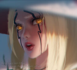 Rule 34 | 1girl, blonde hair, blurry, blurry foreground, d-han, eyelashes, facial mark, glowing, glowing eyes, highres, lips, long hair, looking at viewer, naruto, naruto (series), naruto shippuuden, open mouth, portrait, solo, teeth, thick thighs, thighs, tsunade (naruto), upper teeth only, watermark, web address, yellow eyes