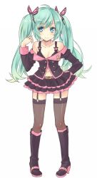 Rule 34 | 1girl, ahoge, belt, boots, full body, garter straps, green eyes, green hair, hatsune miku, high heels, honey whip (module), knee boots, long hair, matching hair/eyes, mikipa, navel, pigeon-toed, project diva (series), project diva f, shoes, simple background, skirt, solo, sweet devil (vocaloid), thighhighs, twintails, vocaloid, white background