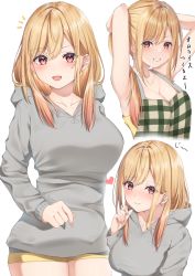 Rule 34 | 1girl, :d, absurdres, adjusting hair, apron, barbell piercing, blonde hair, blush, breasts, cleavage, closed mouth, collarbone, ear piercing, earrings, grey hoodie, hair behind ear, hair between eyes, heart, highres, hood, hoodie, industrial piercing, jewelry, kitagawa marin, large breasts, long hair, multicolored hair, multiple piercings, multiple views, nagi aoi, open mouth, piercing, pink hair, shiny skin, shorts, simple background, smile, solo, sono bisque doll wa koi wo suru, stud earrings, two-tone hair, white background, yellow shorts