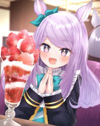 Rule 34 | + +, 1girl, absurdres, animal ears, blue bow, blue eyes, blurry, blurry background, blush, bow, commentary request, dessert, dress, elbows on table, eyes visible through hair, food, frilled dress, frills, fruit, glass, hair bow, highres, horse ears, ice cream, light particles, long hair, long sleeves, marumaruru, mejiro mcqueen (umamusume), mirror, open mouth, palms together, purple eyes, purple hair, reflection, saliva, sidelocks, sitting, smile, solo, strawberry, sundae, swept bangs, table, umamusume, whipped cream