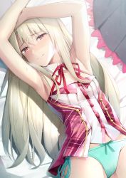 Rule 34 | 1girl, armpits, arms up, bad id, bad pixiv id, bare arms, bare shoulders, blue panties, buttons, closed mouth, commentary request, cowboy shot, detached collar, fate/kaleid liner prisma illya, fate (series), hair between eyes, half-closed eyes, illyasviel von einzbern, long hair, looking at viewer, lying, neck ribbon, no pants, on back, panties, pillow, red eyes, red ribbon, ribbon, shirt, side-tie panties, silver hair, smile, solo, sweat, umihotaru harumare, underwear, white shirt