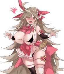 Rule 34 | 1girl, ahoge, asymmetrical legwear, bare shoulders, bikini, blush, breasts, brown eyes, brown hair, cleavage, detached sleeves, faucre the evil overlord, hair ornament, hair ribbon, highres, kamchrome, large breasts, last origin, long hair, looking at viewer, micro bikini, mismatched legwear, open mouth, ribbon, solo, string bra, swimsuit, thigh strap, thighhighs, very long hair