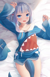 Rule 34 | 1girl, absurdres, arms up, bed sheet, between legs, blue dress, blue eyes, blue hair, blue nails, blunt bangs, blush, collarbone, commentary, cowboy shot, dress, fins, fish tail, gawr gura, gawr gura (1st costume), highres, hololive, hololive english, long hair, long sleeves, looking at viewer, lying, milk box (leoleo963852741), multicolored hair, nail polish, on back, on bed, one side up, shark tail, sharp teeth, short dress, silver hair, sleeves past wrists, solo, streaked hair, stuffed animal, stuffed shark, stuffed toy, tail, tail between legs, teeth, thighs, upper teeth only, virtual youtuber