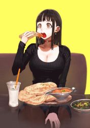 Rule 34 | 1girl, black hair, black sweater, blunt bangs, breasts, brown eyes, brown pantyhose, choker, cleavage, cup, curry, drinking glass, drinking straw, earrings, food, gravy boat, highres, jewelry, jun (navigavi), long hair, naan bread, open mouth, original, pantyhose, simple background, sitting, sleeves past wrists, solo, sweat, sweater, teeth, thighs, x-ray, yellow background