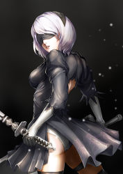 Rule 34 | 1girl, ass, backless dress, backless outfit, binarytale, black dress, black footwear, black gloves, black hairband, black thighhighs, blindfold, boots, breasts, covered eyes, cowboy shot, dress, dual wielding, from behind, gloves, hairband, high heels, highres, holding, holding sword, holding weapon, juliet sleeves, katana, legs apart, leotard, light particles, long sleeves, looking back, medium breasts, nier (series), nier:automata, no mole, nose, parted lips, pink lips, puffy sleeves, ribbed dress, short dress, short hair, side slit, solo, standing, sword, teeth, thigh boots, thighhighs, turtleneck, twisted neck, vambraces, weapon, white hair, white leotard, 2b (nier:automata)