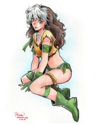 Rule 34 | 1girl, animification, boots, brown hair, gloves, green eyes, headband, highres, jewelry, lipstick, long hair, makeup, marvel, messy hair, midriff, multicolored clothes, multicolored hair, navel, necklace, painting (medium), rogue (x-men), sao (saowee), solo, superhero costume, tank top, thigh strap, tooth necklace, traditional media, two-tone hair, watercolor (medium), white hair, x-men, x-men: the animated series